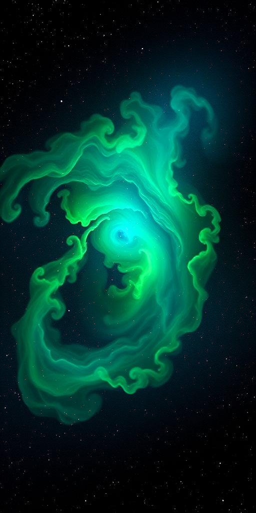 Generate a vibrant cosmic scene with swirling green and blue nebulae against a black starry background, using a DSLR camera, 50mm lens, aperture f/1.8, ISO 400, shutter speed 1/60s, high-resolution setting, and wide-angle view for enhanced depth.