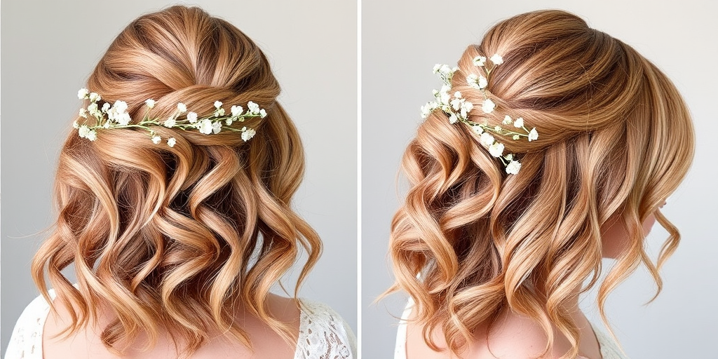Soft rose gold waves styled in a romantic half-up, half-down look by "Blush & Bloom" hair artisans, showcasing loose, flowing curls adorned with delicate baby's breath flowers woven throughout, creating an ethereal, fairy-tale inspired aesthetic perfect for a whimsical bride.