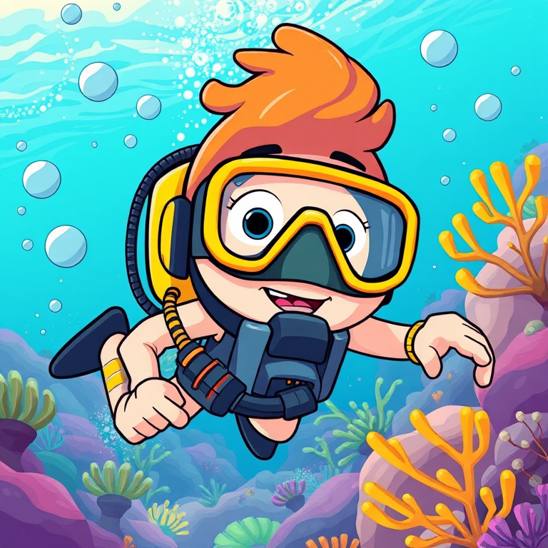 Create a vibrant illustration of a cartoon-style scuba diver underwater, using a Canon EOS 5D Mark IV camera, settings at ISO 100, f/8 aperture, 1/125 shutter speed, wide-angle view, and in a bright, colorful digital art style.