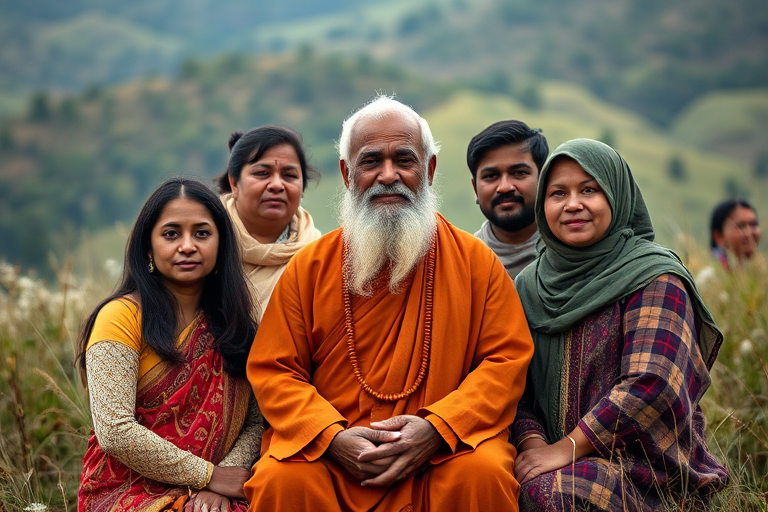 Create a portrait of a spiritual leader surrounded by eight individuals in a serene landscape, use a 50mm lens, aperture f/2.8, soft focus background, medium format camera, natural lighting for enhanced details and colors.