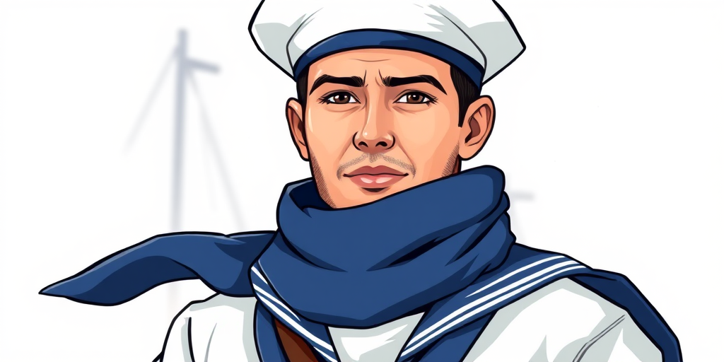 generate an illustration of a sailor in a white hat and navy scarf, use high-resolution vector graphics, apply a soft focus lens effect, angle the view slightly from above, simulate a DSLR camera setup with f/2.8 aperture and 50mm focal length for enhanced depth of field