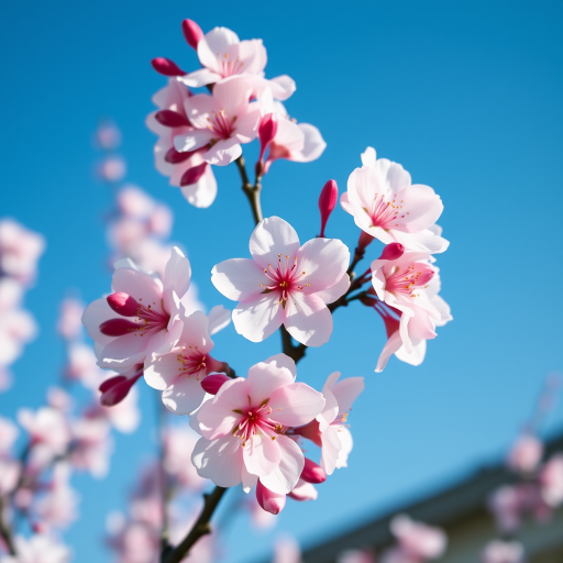 Cherry blossom flowers in full bloom against a clear blue sky, captured with a DSLR camera, 50mm lens, f/2.8 aperture, ISO 100, natural light, focus on flowers.