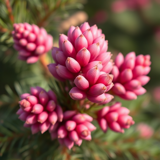 Capture a close-up of the pink cones on evergreen trees with a shallow depth of field, using a DSLR camera, 50mm lens, f/2.8 aperture, ISO 200, and natural light to emphasize the texture and colors.