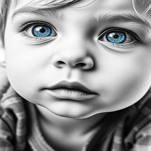 A hyperdetailed photorealistic black and white sketch of a beautiful toddler with deep cyan eyes, with a macro focus