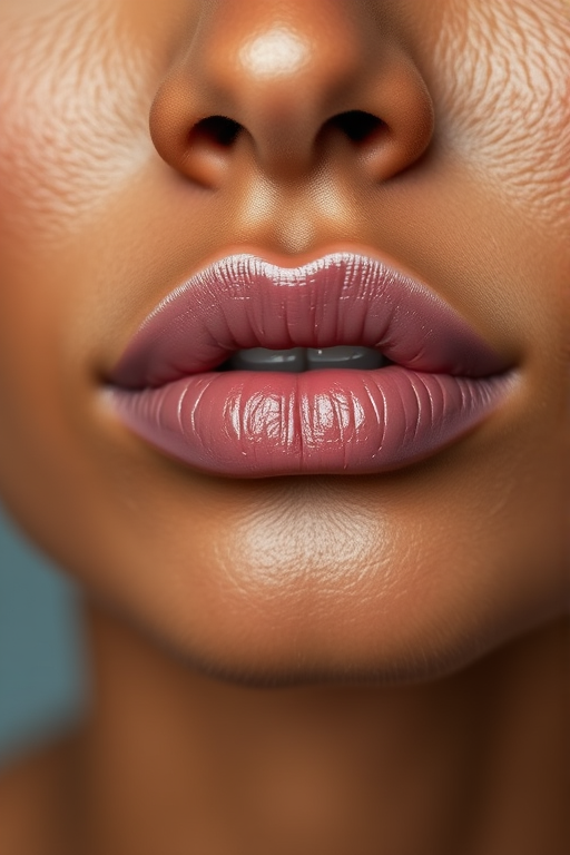 Unique purple-tinged nude lip shade complements olive skin tone, enhancing the lips' natural shape with a subtle sheen and barely-there sparkle