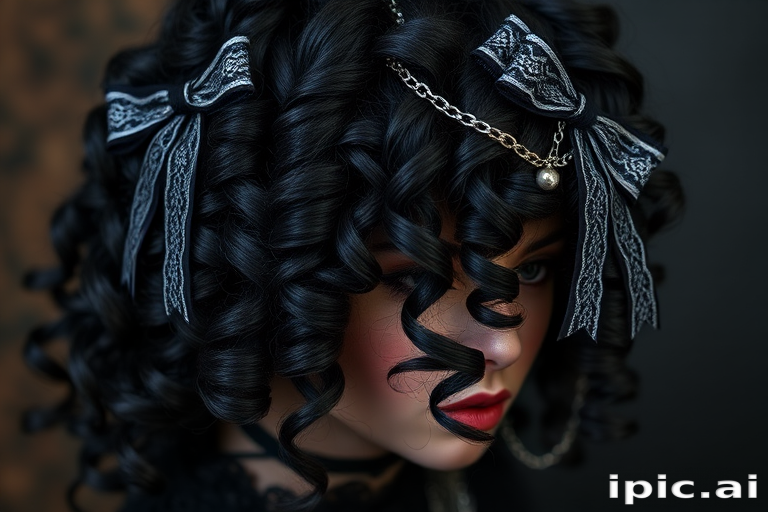 Dramatic Gothic Lolita Ringlets boasting deep black hair with subtle dark purple undertones styled into tight spiral curls adorned with intricate lace bows and delicate silver chains