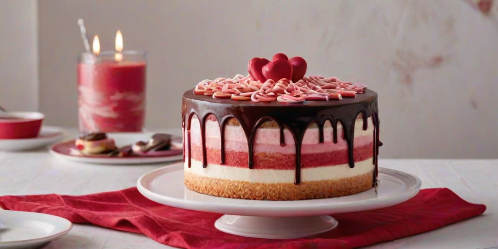 Create an image of a three-layer cake with a gradient of red, white, and pink colors. The top is decorated with swirls of red icing and a drizzle of chocolate ganache running down the sides. Place the cake on a white pedestal and surround it with a red heart-patterned tablecloth.