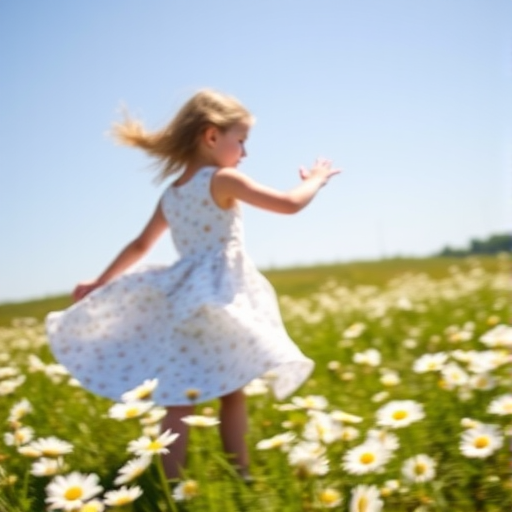 Blurry action shot of a young girl dancing in a field of daisies under a bright blue sky, with soft sunlight illuminating her flowing dress and wildflowers swaying around her.
