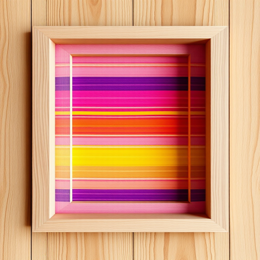 Create an abstract digital artwork featuring vibrant horizontal stripes in a gradient of colors like purple, yellow, and pink within a 3D wooden frame, shot with a DSLR camera at f/8 aperture, 1/125 shutter speed, ISO 200, wide-angle lens, natural lighting, and a focus on texture details.