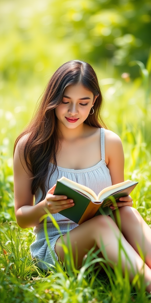 portrait of a young woman sitting on grass reading a book surrounded by greenery, natural daylight, shallow depth of field, f/1.8 aperture, ISO 100, 50mm lens, soft focus background, high-resolution DSLR camera
