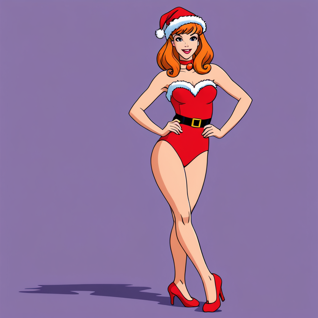 Free Ai Image Generator - High Quality and 100% Unique Images - iPic.Ai Daphne  Blake from the Scooby-Doo cartoon in red strapless christmas leotard and  christmas hat. Feet visible. Anime style. Lined