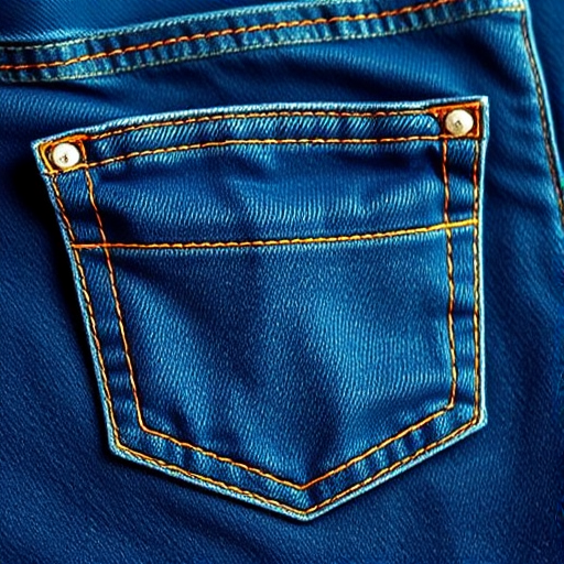 Create a high-resolution image of a denim pocket with detailed stitching, vibrant colors, and a textured fabric background, captured at f/2.8 aperture, ISO 100, 50mm lens, in a flat lay perspective using a DSLR camera, emphasizing clarity and depth.
