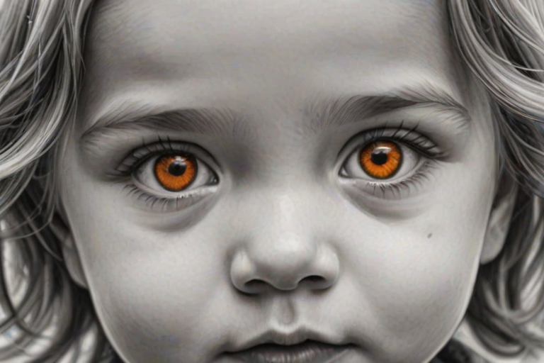 A hyperdetailed photorealistic black and white sketch of a beautiful toddler with deep orange eyes, with a macro focus