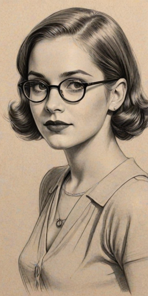 Appealing Sabrina Spellman, pencil sketch, portrait of Fetching woman 1929s in glasses, hair style beatnik, outline, clear lines, fine lines, 8k