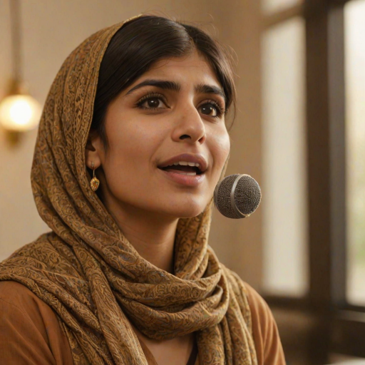 A close-up portrait of a mia khalifa with her eyes closed, singing into a microphone, positioned on the right side of the frame, facing the viewer. She is wearing a brown headscarf, gold earrings, and a brown blouse, and is bathed in warm, golden light emanating from the windows behind her. A blurred figure of a man singing into a microphone is visible in the background. The scene has a sense of calm and spirituality.
