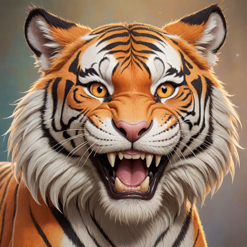 Disney style, cartoon illustration of an orange and white tiger with messy hair smiling very wide open mouth showing, in the Disney Pixar animation style, in the style of Don Bluth, full teeth body, with a very detailed face, very detailed eyes, very detailed fur, full color, very colorful, with a very colorful background, soft pastel colors, high resolution, high quality, high detail, hyper realistic