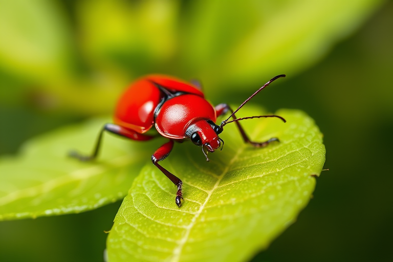 macro shot of a bright red beetle resting on green leaves with a shallow depth of field, using a Canon EOS 90D, 100mm f/2.8 macro lens, aperture set to f/4, ISO 200, natural lighting, focus on the beetle and soft bokeh background