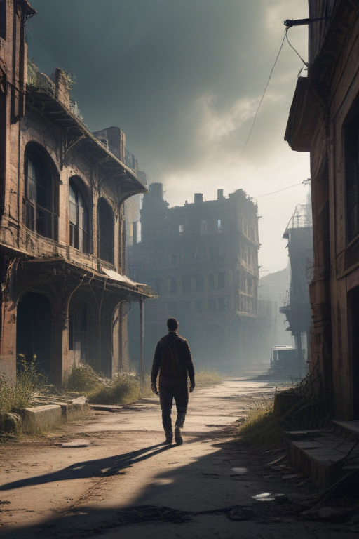 abandoned city with two characters facing towards it