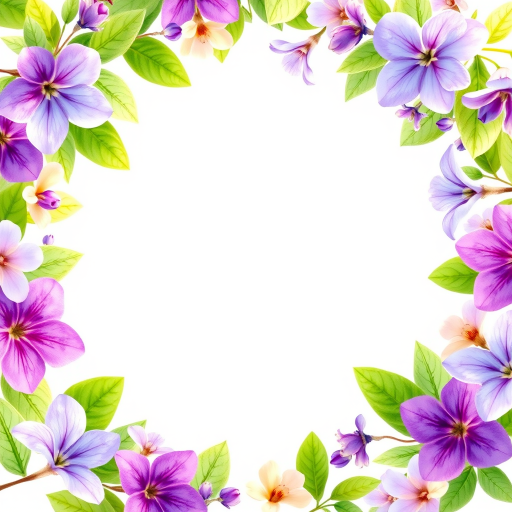 Create a vibrant watercolor floral border with soft green leaves and purple flowers surrounding a blank white space for text, captured in a high-resolution shot using a full-frame camera, with a macro lens at f/2.8 to enhance detail, in natural light for soft shadows and a slightly shallow depth of field.