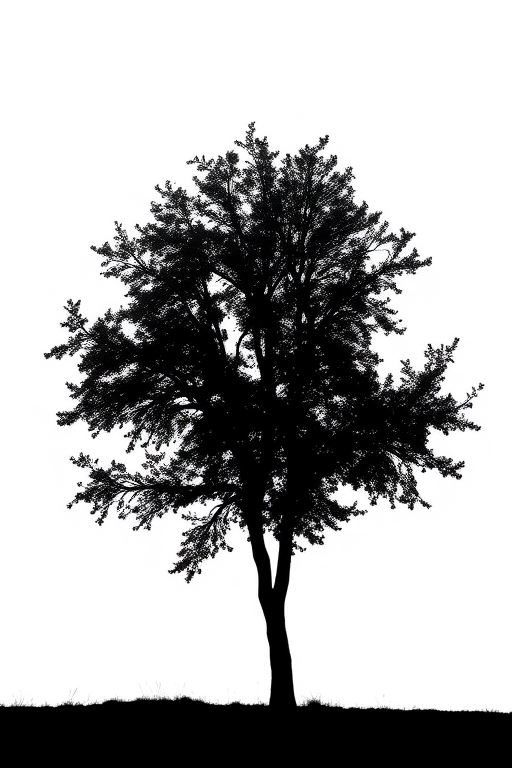 Generate an image of a black silhouette of a tree against a white background, captured with a Canon EOS 5D Mark IV, 50mm lens, aperture f/8, ISO 100, in a high dynamic range style with a shallow depth of field.
