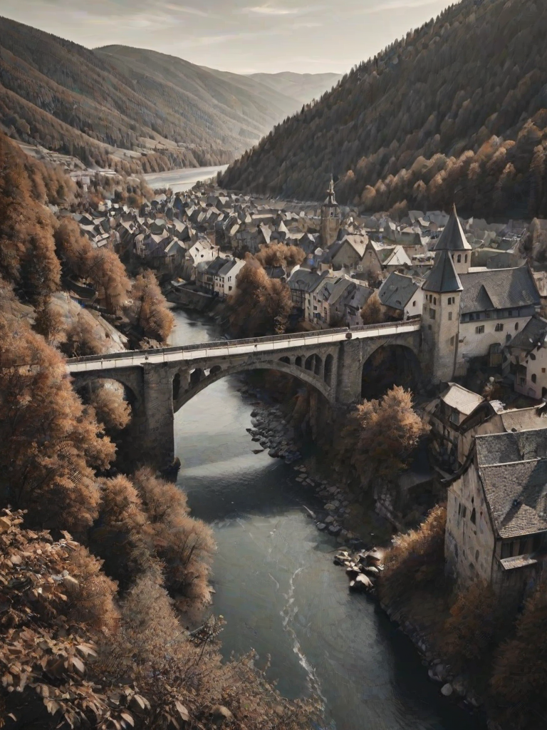 natural lighting, medieval, bridge focus, CandiBRIDGE, no humans, mountain, water, river, village, bridge, brown trees, from above, negative space, scenery, intricately detailed illustration, depth of field, atmospheric perspective, realistic shading, brown theme, monochrome, selective coloring