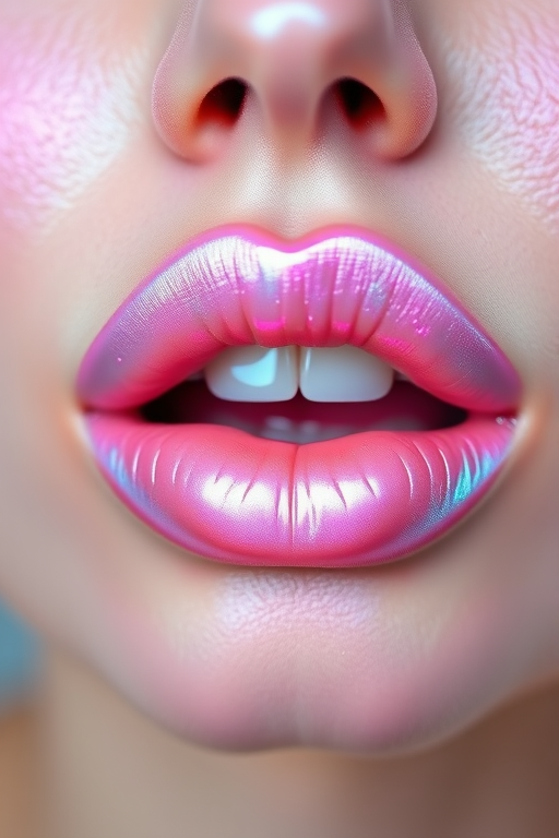Iridescent pastel pink lips, christened "Unicorn Dream," offering a multichromatic shift and a playful, ethereal appearance for whimsical styles