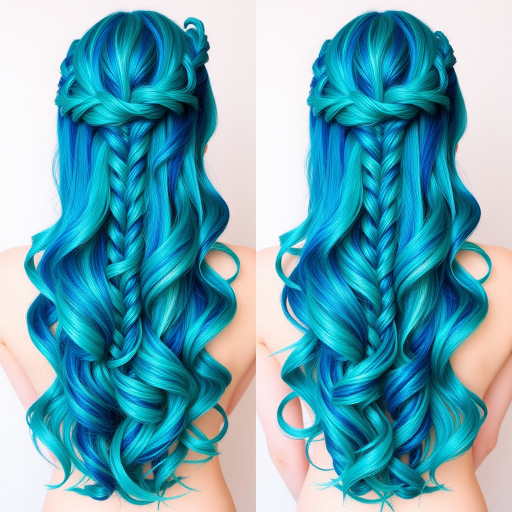 Vibrant Mermaid Mane showcasing a mesmerizing blend of teal, aqua, and turquoise hues in a voluminous, wavy style with shimmering highlights and intricate braided accents