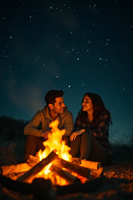 Warm, intimate photo of a couple sitting by a campfire under the stars, soft glow from the flames illuminating their faces, distant constellations twinkling above, the smell of burning wood and the soft crackle of the fire filling the air.