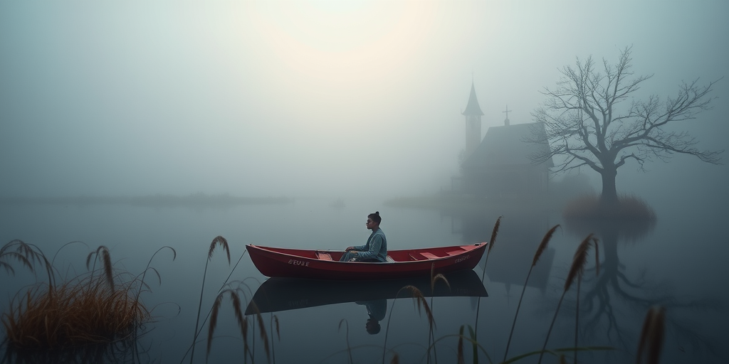 Create a surreal image of a person in a boat amidst a foggy landscape with a whimsical house in the background, using a Canon EOS R5 with a 24mm f/1.4 lens, aperture f/2.8, ISO 100, shutter speed 1/60s, shot from a low angle with a dreamy soft focus effect and enhanced color saturation.