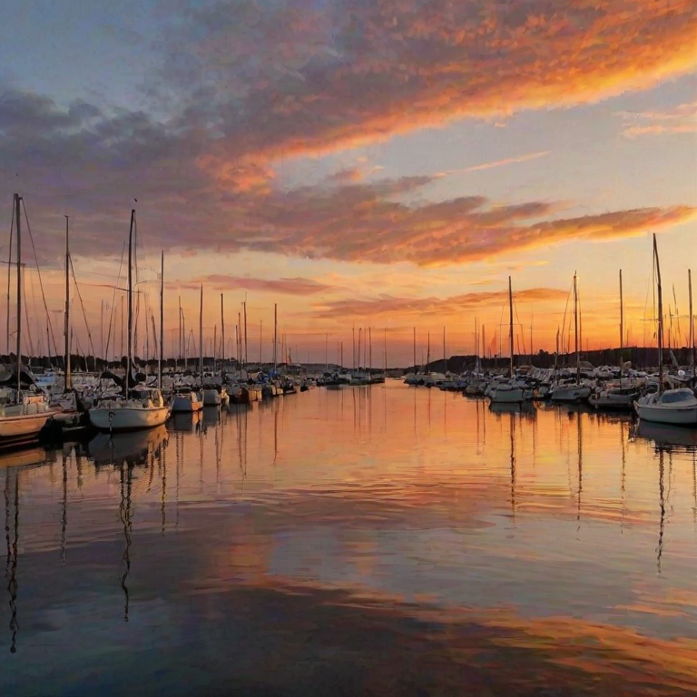 Sunset over a quiet harbor, boats gently rocking in the water, the sky ablaze with warm colors, and the distant sound of gulls echoing in the air.