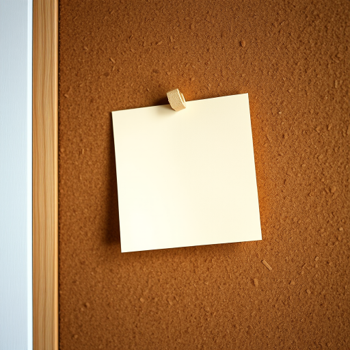 Create an image of a blank sticky note pinned to a corkboard, shot with a Canon EOS R5, 50mm lens, f/2.8 aperture, ISO 100, natural lighting, focused on the note with a soft blurred background.