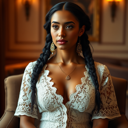 Create a portrait of a refined and elegant Coptic woman seated in a sophisticated setting. She has long, wavy hair styled in two thick braids that are pulled over her shoulders. She wears a white, lace gown with intricate patterns, featuring a deep V-neckline and short sleeves. The dress exudes a vintage charm with its delicate lacework. She is adorned with ornate, dangling earrings that add a touch of glamour to her appearance. The background is softly lit, with warm, ambient lighting that creates a cozy and inviting atmosphere. Her expression is poised and serene, capturing a sense of grace and elegance.