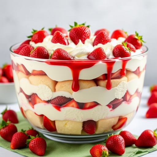 Create an image of a large trifle dessert in a glass bowl featuring layers of fluffy vanilla cake, fresh strawberries, whipped cream, and strawberry sauce garnished with whole strawberries on top with a green cloth and scattered strawberries around the base.