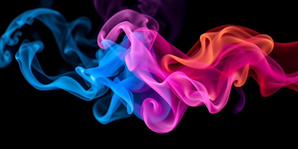 Create a vibrant abstract image of swirling smoke with colors of blue, pink, and orange on a black background using a wide-angle lens, f/8 aperture, ISO 100, 1/60 sec shutter speed, high dynamic range photography, and soft focus effect.