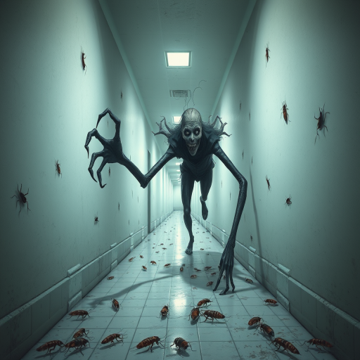 a crooked female with long arms and a creepy smile is crawling along a long white corridor and you can also see cockroaches in it there is a creepy atmosphere creepy art style