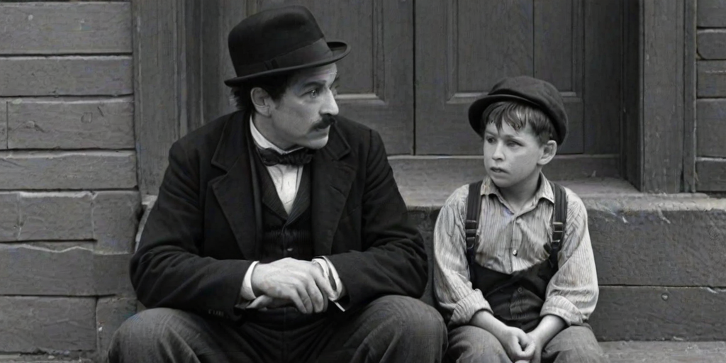 A black-and-white photograph of a man and a child sitting on steps in front of a doorway. The man is dressed as a tramp with a bowler hat, mustache, and ragged clothes, reminiscent of Charlie Chaplin's iconic look. He is sitting with his arms crossed and an expression of slight sadness or frustration. Next to him is a young boy, also in worn clothes and a cap, sitting with his hands clasped, looking thoughtful. The background is an old, textured wall and a partially open door, creating a vintage, early 20th-century atmosphere.