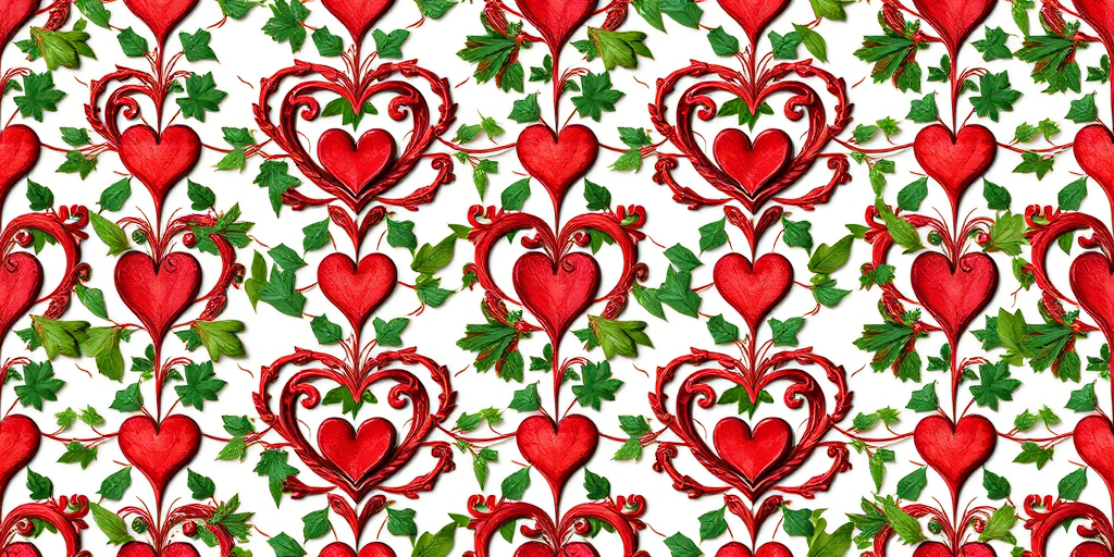 Create a seamless pattern of intertwined foliage and heart shapes arranged in a visually appealing, repetitive design, captured with a 50mm lens at f/8, ISO 200, in natural light, using a digital DSLR camera from a top-down view to enhance image clarity and detail.