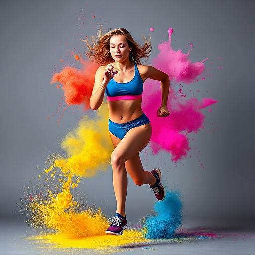 Capture an action shot of a female runner in vibrant athletic wear, surrounded by an explosion of colorful paint splashes, using a DSLR camera with a 50mm lens, aperture f/2.8, ISO 200, shutter speed 1/1000s, in a studio setting with a neutral gray backdrop.