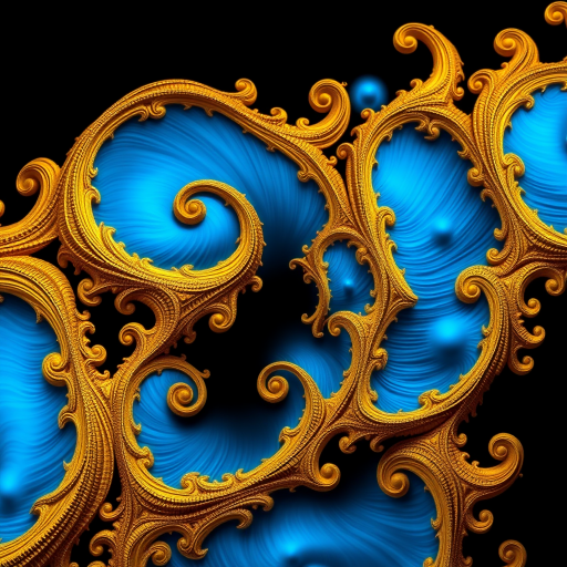 Generate a vibrant fractal art image featuring swirling patterns in blue and gold colors with a dark background, use a Canon EOS 5D Mark IV, aperture f/8, shutter speed 1/125 sec, ISO 100, shot from a close-up perspective, in a high dynamic range style.