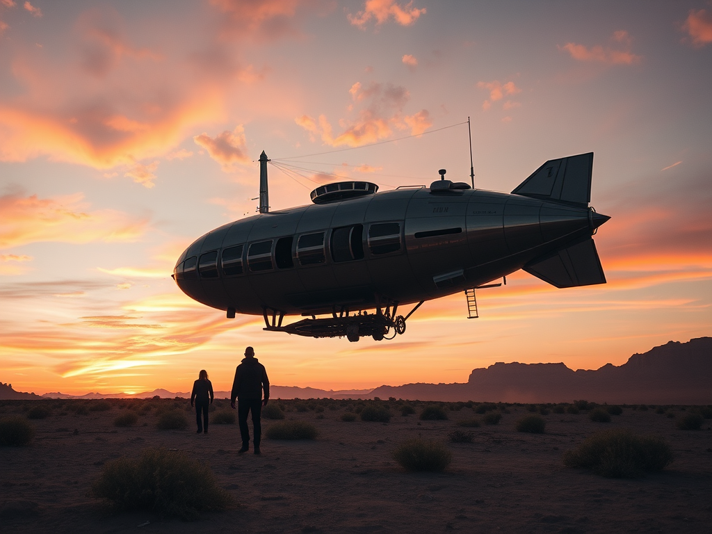 Create a high-resolution digital artwork of a futuristic steampunk airship launching from a dry, rugged landscape at sunset, with two silhouetted figures in the foreground, using a Canon EOS R5, 35mm lens, f/8 aperture, ISO 100, shot from a low angle to emphasize the scale of the airship and capturing vibrant colors in the sky.
