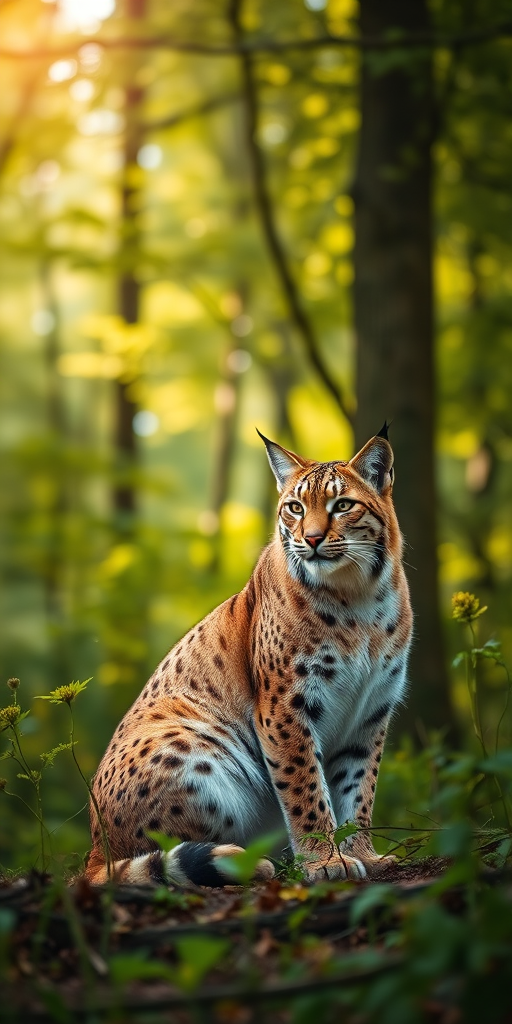 Lynx sitting in a lush green forest, soft sunlight filtering through the trees, high-fidelity details, aperture f/2.8, ISO 100, shutter speed 1/200, 50mm lens, DSLR camera.