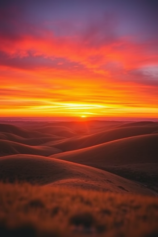 Create a high-resolution image of a serene landscape at sunset, featuring rolling hills and a vibrant sky with orange and purple hues, captured with a Canon EOS R5, 50mm lens, f/1.8 aperture, ISO 100, using a soft focus style for a dreamy effect.