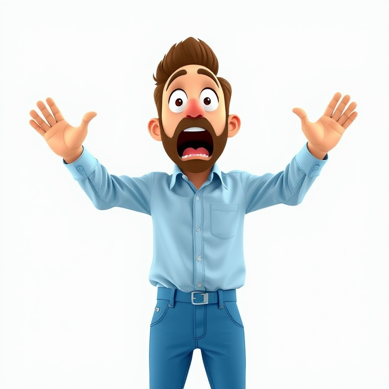 Create a cartoon character of a surprised man with arms wide open, wearing a light blue shirt and blue pants, in a bright and vibrant style, captured with a DSLR camera at f/4.5, ISO 100, 35mm lens, in a flat lay perspective for a clean background.