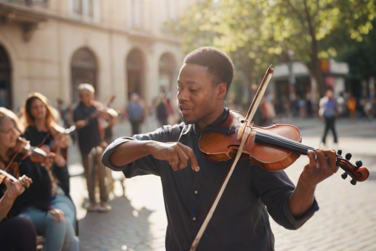 Blurry candid shot of a lively street musician playing the violin, with people stopping to listen, soft sunlight illuminating the scene, creating a warm atmosphere.