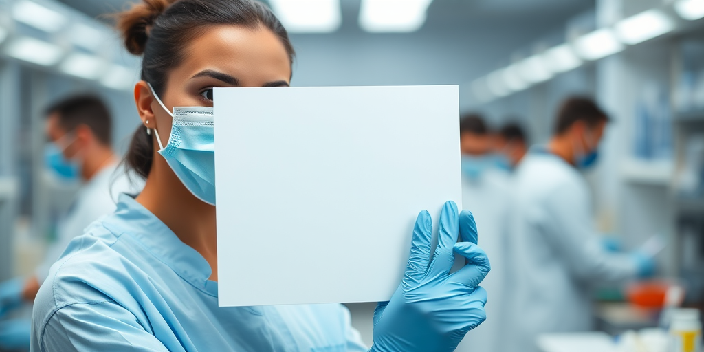 Create an image of a medical professional wearing a mask and gloves, holding a blank canvas in a laboratory setting with blurred other professionals in the background, using a DSLR camera with a 50mm lens, f/2.8 aperture, ISO 200, and a shallow depth of field to enhance focus on the subject.