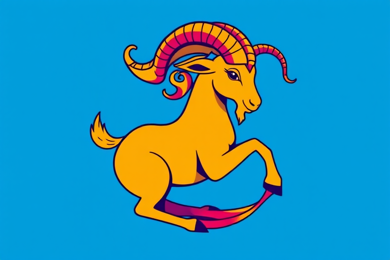 Create a vibrant illustration of a Capricorn symbol featuring a stylized goat with flowing curls and a fish tail in a bright blue background, using a Canon EOS 5D Mark IV, 50mm f/1.8 lens, f/8 aperture, ISO 100, and soft box lighting for enhanced detail and clarity.