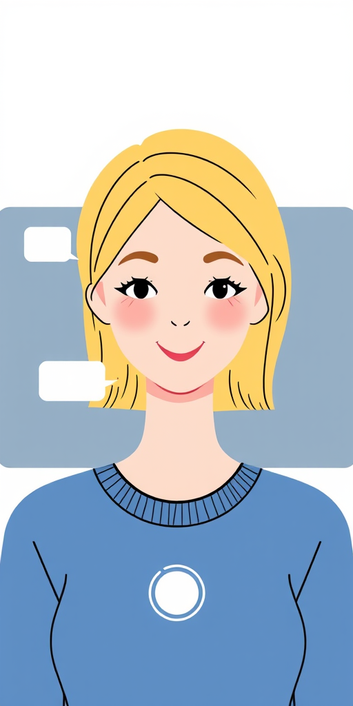 Create a digital illustration of a simplified female character with blonde hair in a video call interface, featuring chat bubbles, using a 50mm lens, f/4 aperture, ISO 200, shot from a frontal view with a clean, minimalistic background in soft pastel colors.