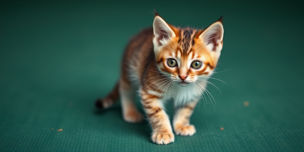 Regenerate a cute kitten standing on a green textured surface with detailed fur and expressive eyes, using a DSLR camera with a 50mm lens, aperture f/2.8, shutter speed 1/200s, ISO 100, natural lighting, and a shallow depth of field.