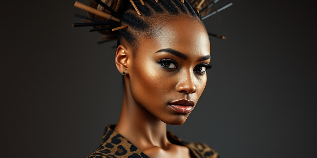 portrait of a woman with intricate hairstyle featuring sticks, wearing a leopard-print outfit, dramatic lighting, smooth skin texture, taken with a Canon EOS R5, 85mm lens, aperture f/1.8, ISO 100, soft focus background, studio lighting setup for high contrast and detail enhancement