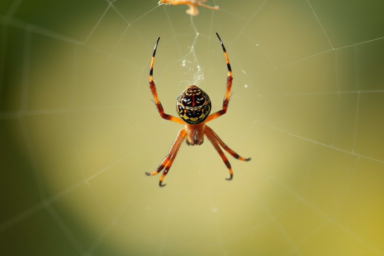 Close-up of a spider hanging in its web with a blurred shadow in the background, using a Canon EOS 5D Mark IV, 100mm macro lens, f/8 aperture, ISO 200, natural light, shallow depth of field, soft focus background.